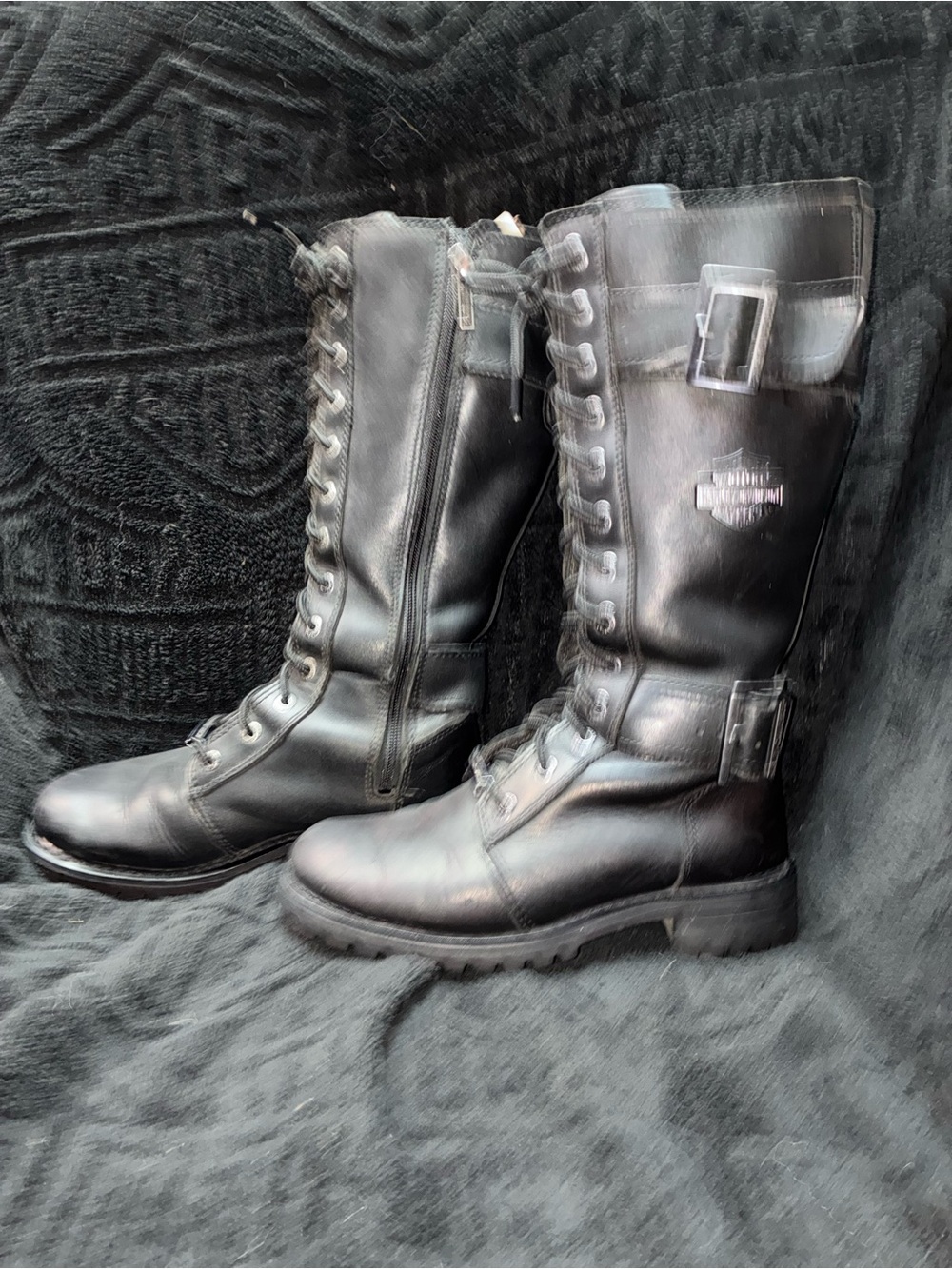 Harley-Davidson Black Leather Lace-Up Buckle Motorcycle Boots